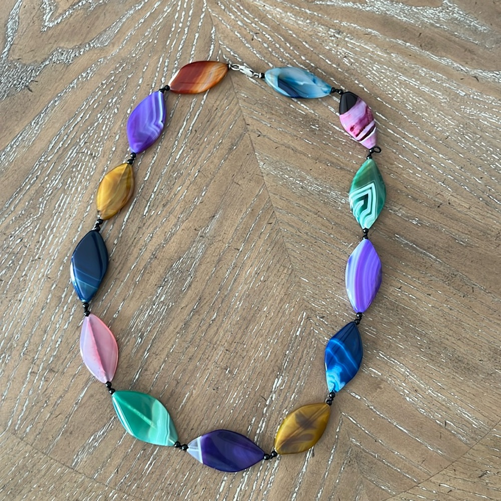 Geometric Banded Agate Glass And Agate‎ Beads Sterling Clasp Necklace